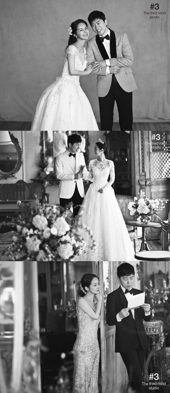 클래식한 웨딩 화보. 배우 김가연(위 왼쪽)과 전 프로게이머 임요환의 웨딩 화보가 공개됐다. /파인애플TV SNS