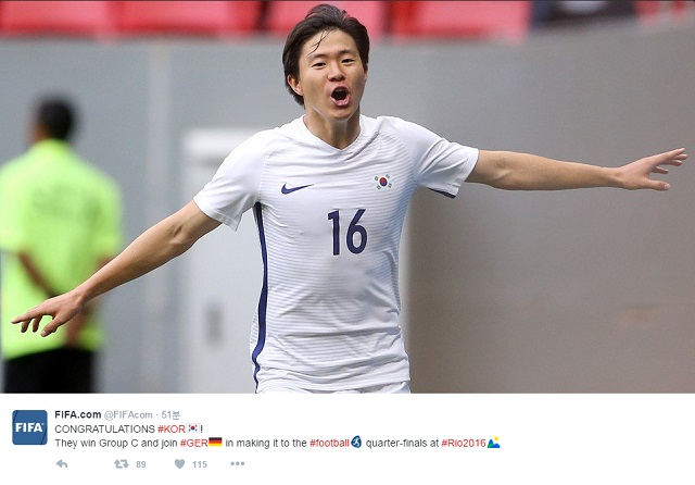 8강행 축하! FIFA가 11일 한국의 올림픽 축구 8강 진출을 축하했다. / FIFA 트위터 캡처