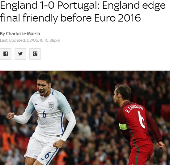 잉글랜드 vs 포르투갈! 잉글랜드가 3일 웸블리 스타디움에서 열린 포르투갈과 친선 경기에서 1-0으로 이겼다. / 스카이스포츠 홈페이지 캡처