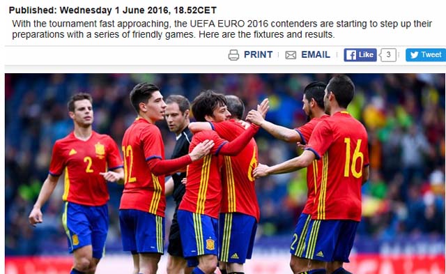 '무적함대' 스페인! 한국이 스페인과 평가전에서 1-6으로 크게 졌다. 유럽축구연맹은 경기 후 스페인의 대승 소식을 전했다. /유럽축구연맹 홈페이지 캡처