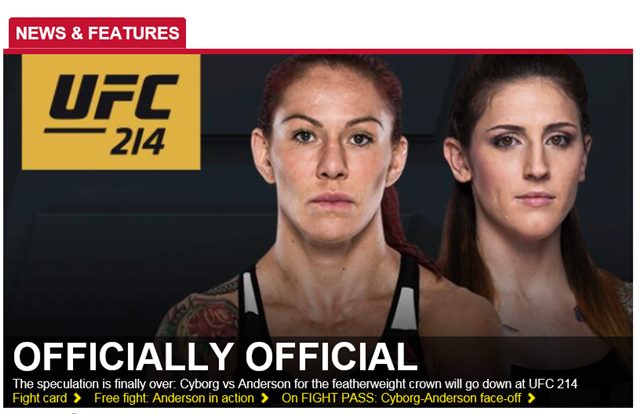 사이보그 vs 앤더슨, UFC 여자부 페더급 챔피언은? 사이보그(왼쪽)와 앤더슨이 7월 30일 펼쳐지는 UFC 214에서 UFC 여자부 페더급 타이틀전을 치른다. /UFC 홈페이지 캡처