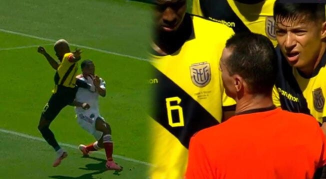 Cuplikan layar tendangan kungfu Enner Valencia dan wasit Wilmar Perez yang dkerubuti pemain Ekuador. Foto: libero.pe