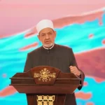 Grand Syekh Al-Azhar Ahmed Al-Tayeb saat berpidato dalam Forum Interfaith and Intercivilizational Reception yang digelar PBNU di Hotel Pullman Jakarta, Rabu (10/7/2024). Foto: NU Online/Suwitno