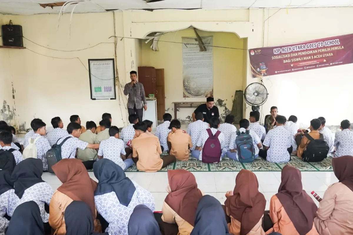KIP Aceh Utara menggelar sosialisasi dan edukasi Pilkada 2024 untuk pemilih pemula di MAN 5 Aceh Utara, Jumat, 2 Agustus 2024. Foto: Istimewa