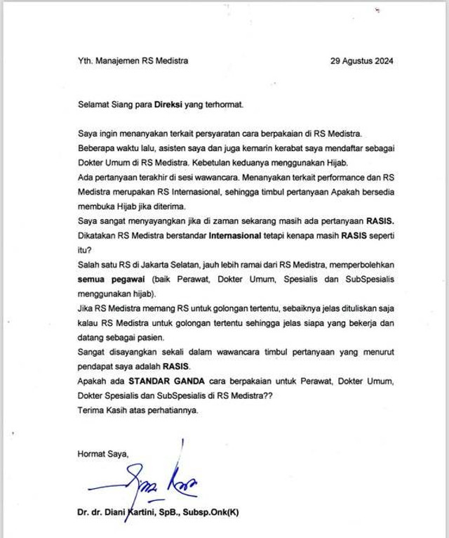 Surat Dokter Diani Kartini kepada manajemen Rumah Sakit Medistra yang viral di media sosial.