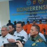 Konferensi Pers Kolaborasi Pengungkapan Kasus Narkotika Operasi Laut Terpadu (BNN - Polri - Bea Cukai) Jaringan Internasional Malaysia - Thailand - Indonesia di Perairan Aceh bertempat di Aula Kantor BNNP Aceh, Selasa (17/9). Foto: Humas BNN Aceh