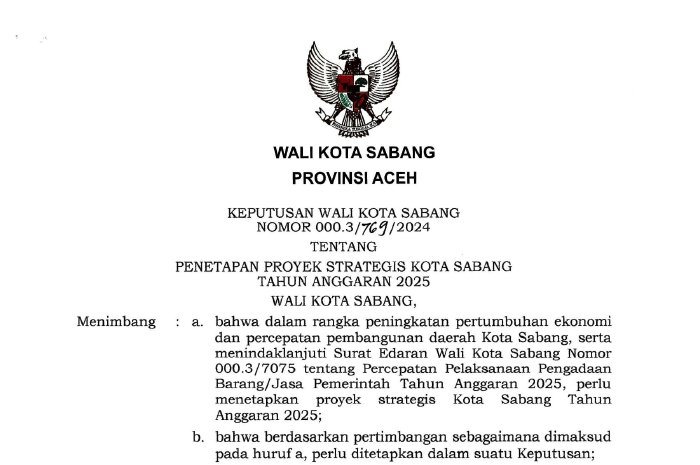 Keputusan Wali Kota Sabang tentang proyek strategis 2025