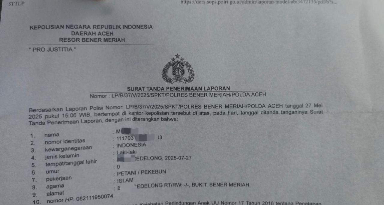 Laporan polisi Orang Tua Siswi MTSN 1 Bener Meriah ke Polres Bener Meriah. Foto: Line1.News/Erwin Sar