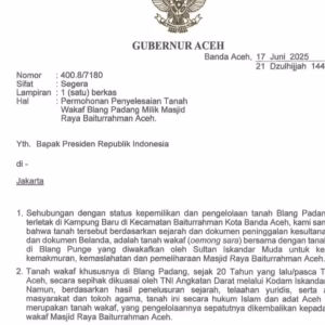 Surat Mualem ke Prabowo terkait pengembalian status tanah wakaf Blang Padang
