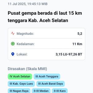 Gempa M 5,2 di Aceh Selatan