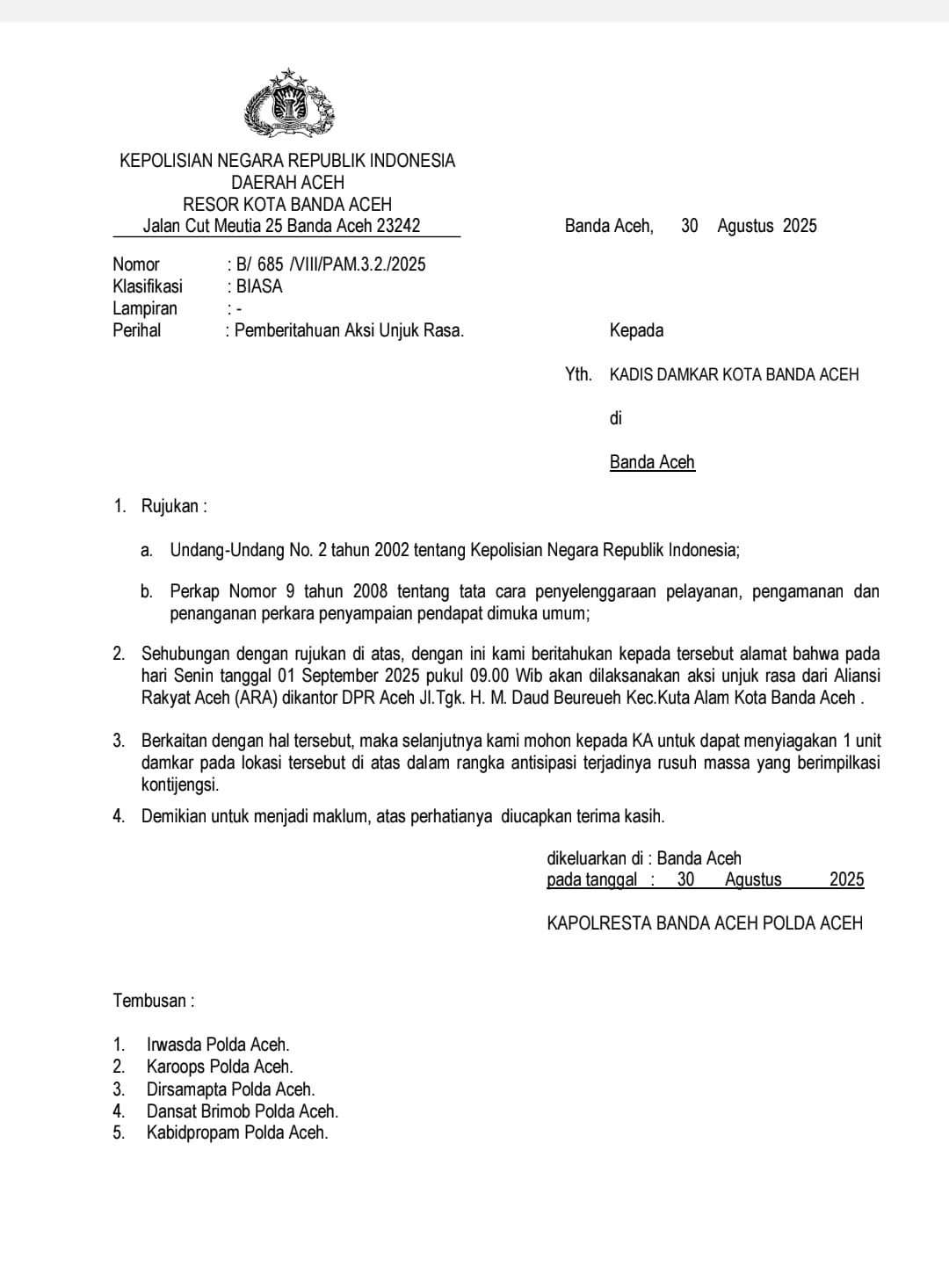 Surat Kapolresta Banda Aceh