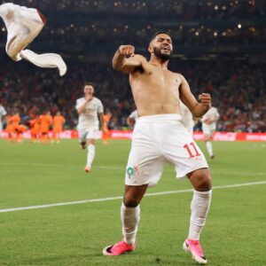 Pemain Maroko Ismael Saibari selebrasi cetak gol