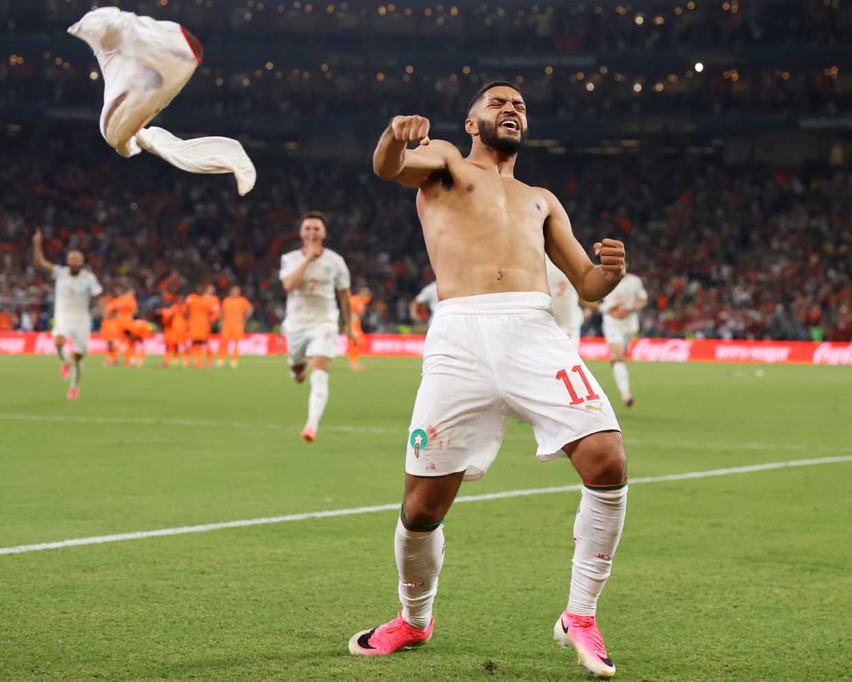 Pemain Maroko Ismael Saibari selebrasi cetak gol