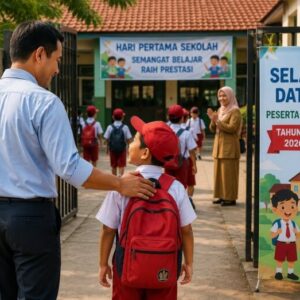 Ilustrasi anatra anak hari pertama sekolah