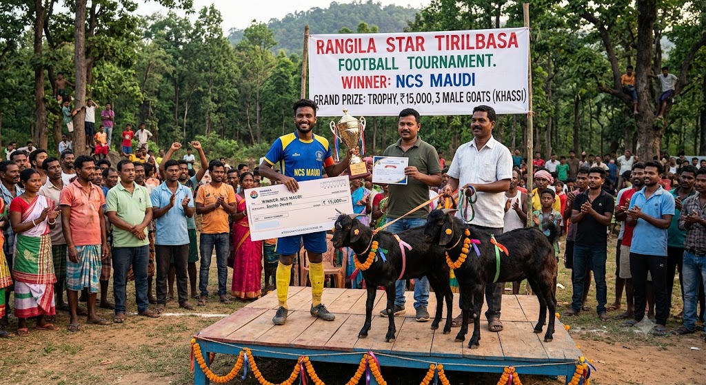 Ilustrasi AI yang menampilkan penyerahan piala dan kambing sebagai hadiah turnamen sepak bola di desa Tirilbasa, India.