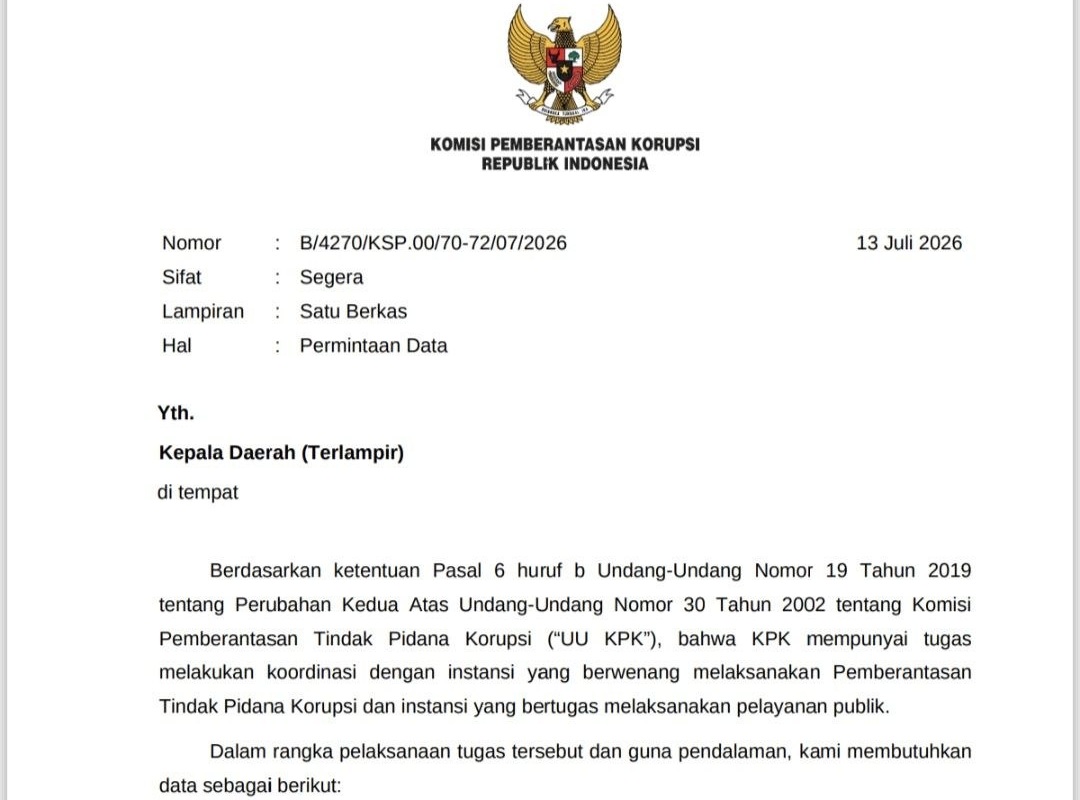 Surat KPK kepada kepala daerah
