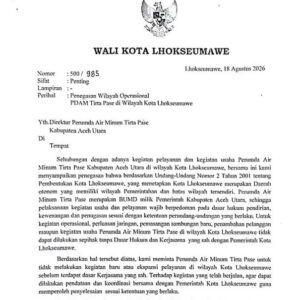 Surat Wali Kota Lhokseumawe kepada Tirta Pase