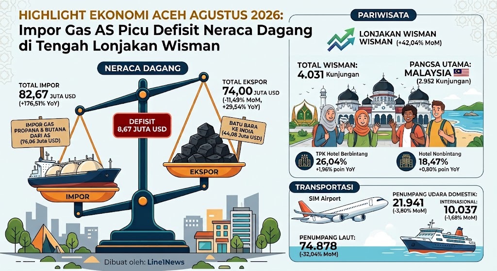 Infografis Highlight Ekonomi Aceh Agustus 2026 rincian defisit neraca dagang, impor gas AS, ekspor batu bara India, lonjakan wisman, serta statistik transportasi.