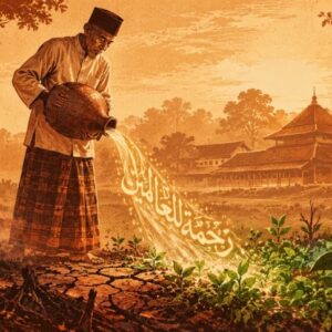 Ilustrasi ulama memakai peci dan sarung menuangkan air dari kendi ke tanah gersang yang berubah menjadi hijau subur dengan kaligrafi Arab Rahmatan lil Alamin