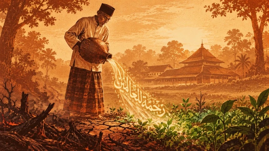 Ilustrasi ulama memakai peci dan sarung menuangkan air dari kendi ke tanah gersang yang berubah menjadi hijau subur dengan kaligrafi Arab Rahmatan lil Alamin
