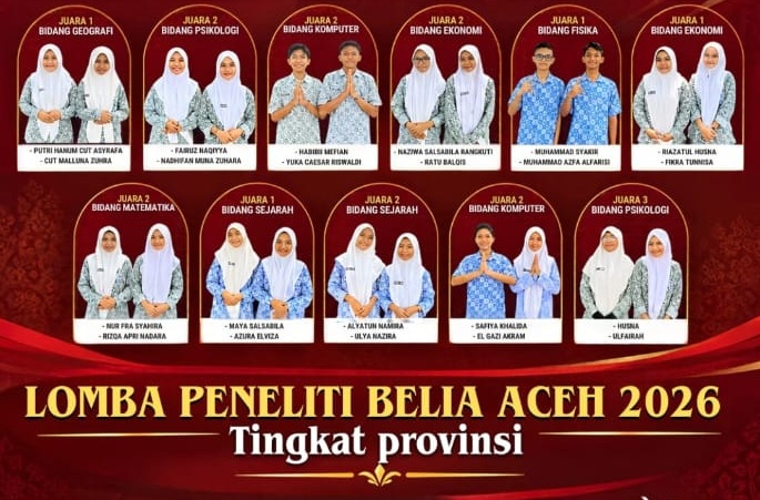 Flyer ucapan selamat dari Cabdin Pendidikan Aceh Utara untuk SMAN 1 Dewantara atas prestasi di Lomba Peneliti Belia Aceh 2026 tingkat provinsi