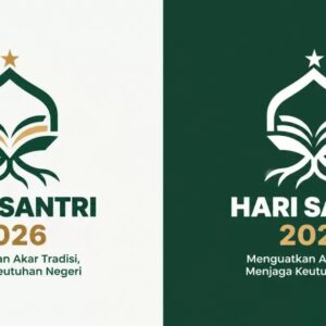 Logo resmi Hari Santri 2026 dengan ilustrasi kubah masjid, Al-Qur'an, dan akar pohon yang bertuliskan tema Menguatkan Akar Tradisi Menjaga Keutuhan Negeri
