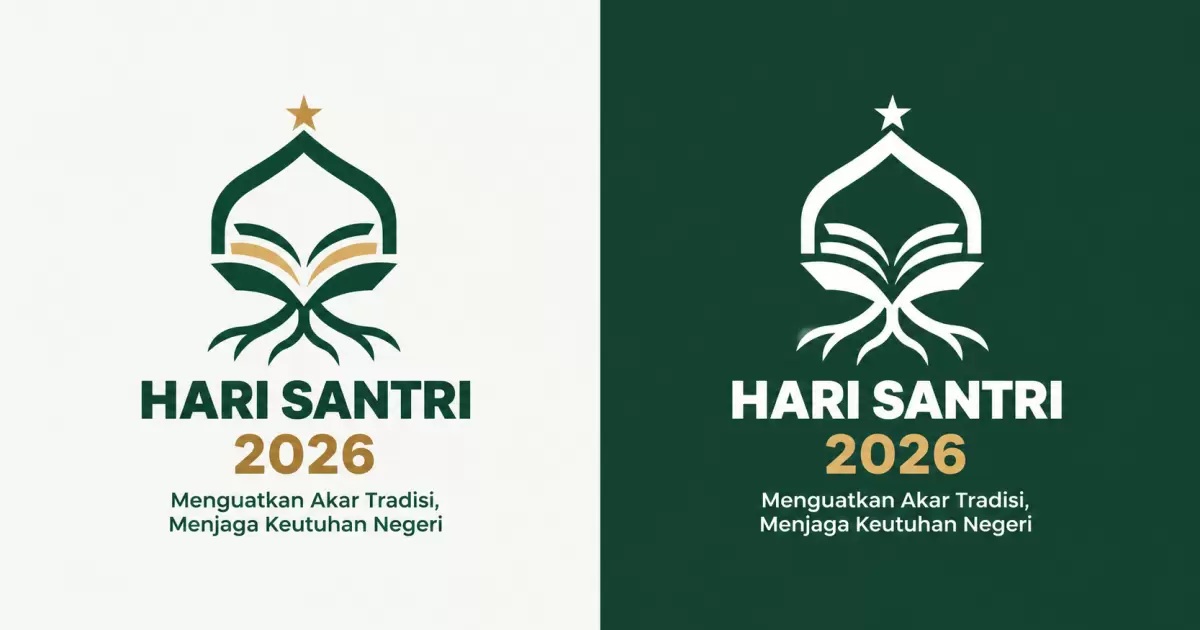 Logo resmi Hari Santri 2026 dengan ilustrasi kubah masjid, Al-Qur'an, dan akar pohon yang bertuliskan tema Menguatkan Akar Tradisi Menjaga Keutuhan Negeri